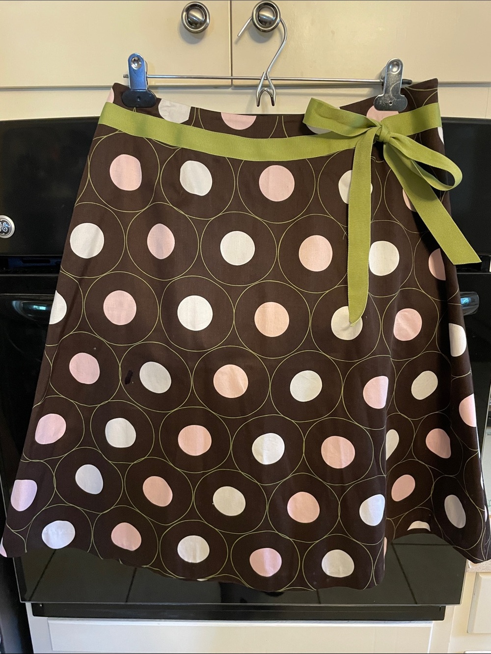 Women’s Brown Polka Dot A-Line Skirt with Green Waist Tie